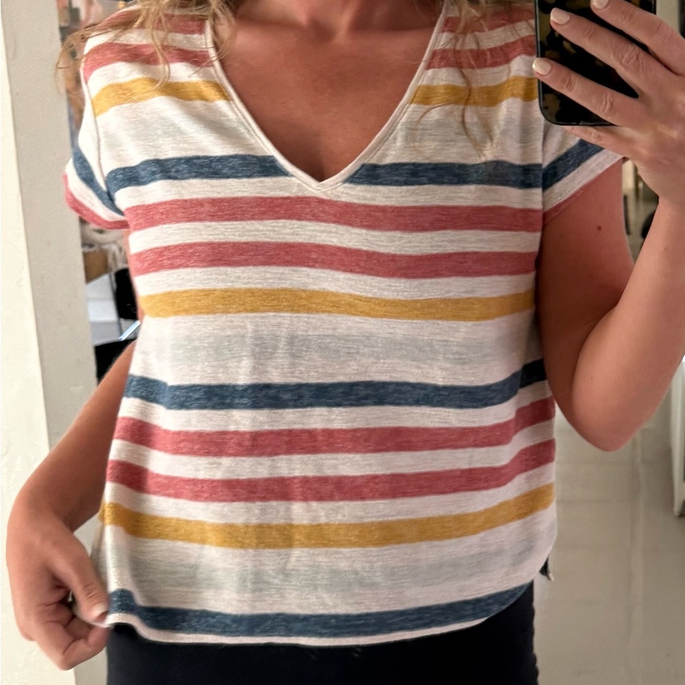 Madewell Striped V Neck Tee Size S Rainbow Stripe Casual Summer Top - Picture 2 of 9